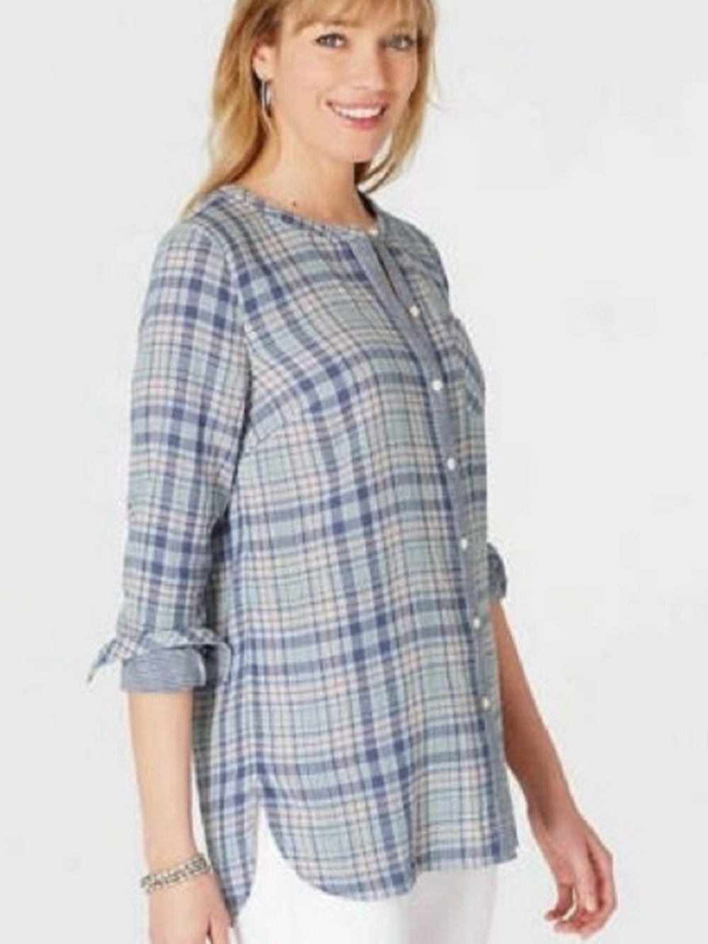 J. Jill Blue White Plaid Cotton lined Button Up Crew Neck Slouchy Preppy Shirt L